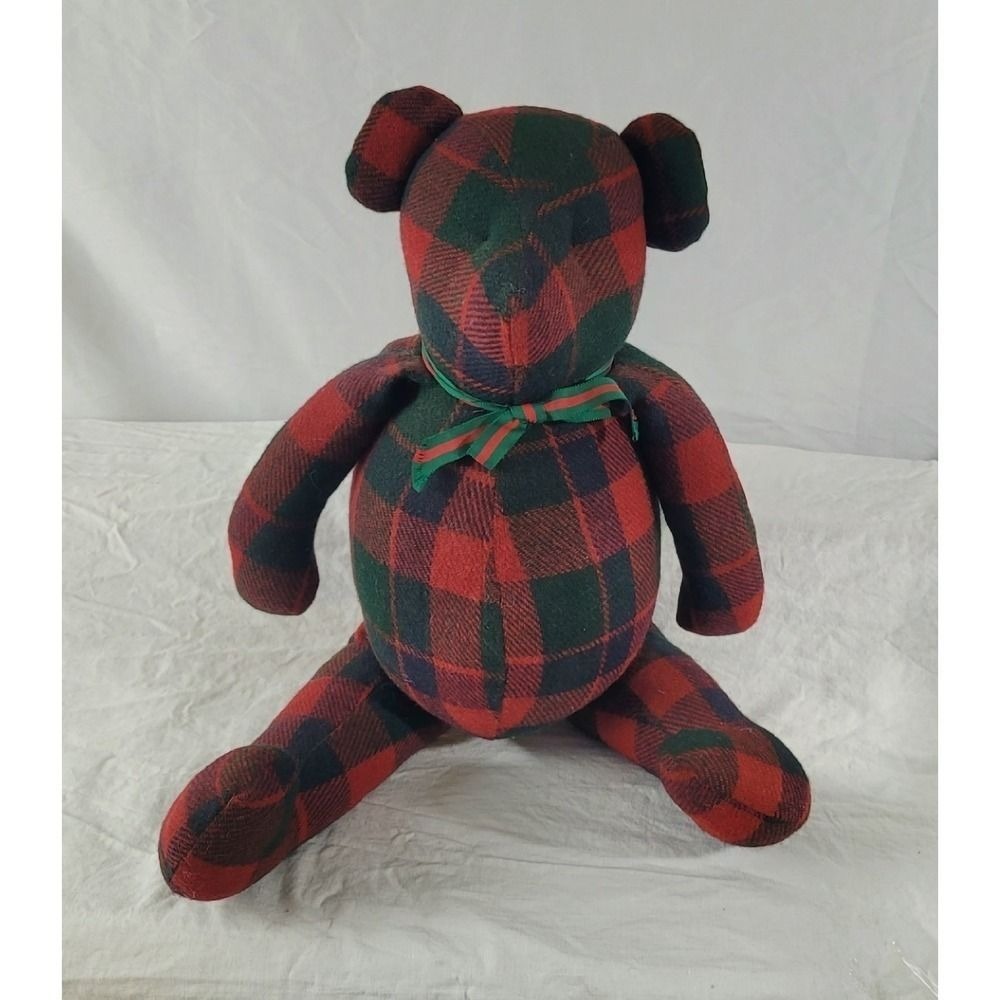 Vintage Plaid Wool Teddy Bear Red Green Tartan Christmas Holiday Plush 22"
